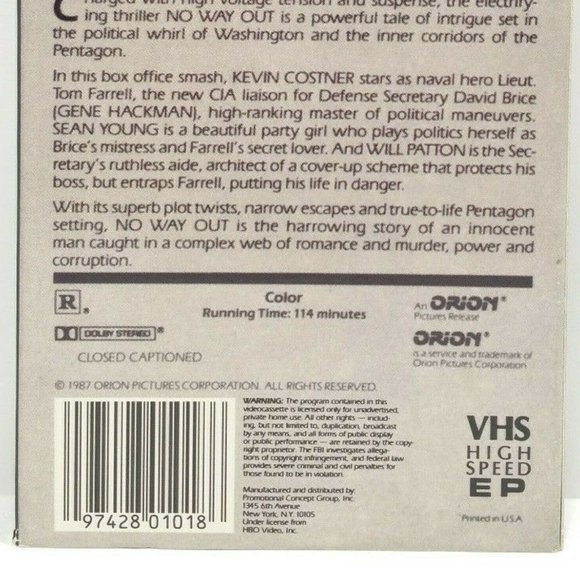 No Way Out (VHS, 1987) 4770E1M - Picture 6 of 9